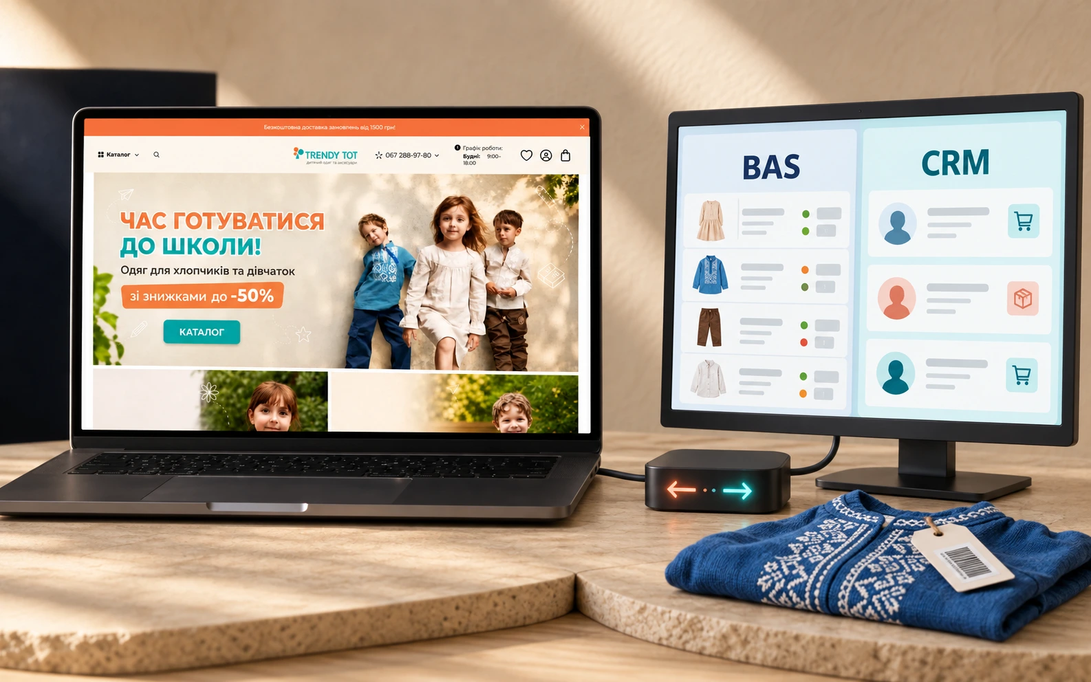 Магазин Trendy Tot на ноутбуці, поруч монітор з BAS і CRM — товари, ціни й замовлення обмінюються автоматично